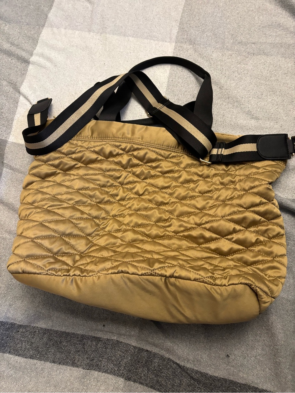 H&M Quilted Gold Tote Bag with Striped Shoulder Strap